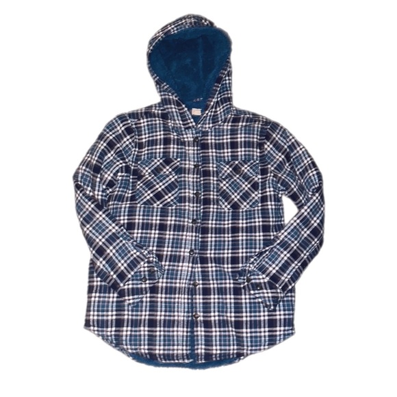 BOSTON TRADERS, Blue Hooded Flannel Shirt Jacket - Picture 1 of 8